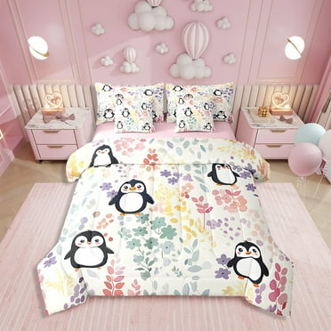 7Pcs Flower Penguin Full Comforter Set with Sheets,Cute Colorful Floral Bedding Set,Kawaii Animal Print Bed in a Bag with Fitted Sheet,Flat Sheet,Pillowcases
