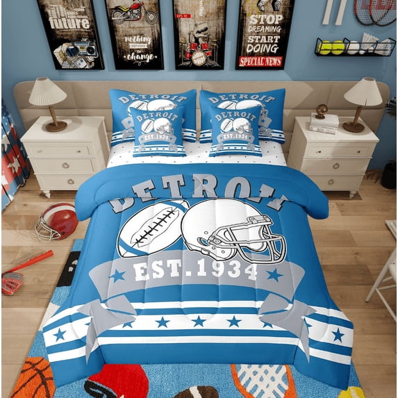 7Pcs Football Twin Comforter Set For Sports Fans American Football Bedding Sets, 3D Ball Game Comforter + Flat Sheet + Fitted Sheet + 2 Pillowcases + 2 Throw Pillow Covers(Detroit)