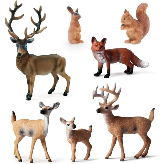 7Pcs Forest Animals Figures Toys, Miniature Woodland Figurines with Deer Family, Elk, Fox, Rabbit, Squirrel for Kids Christmas Birthday Party Gift Cake Decorations Educational Project Diorama
