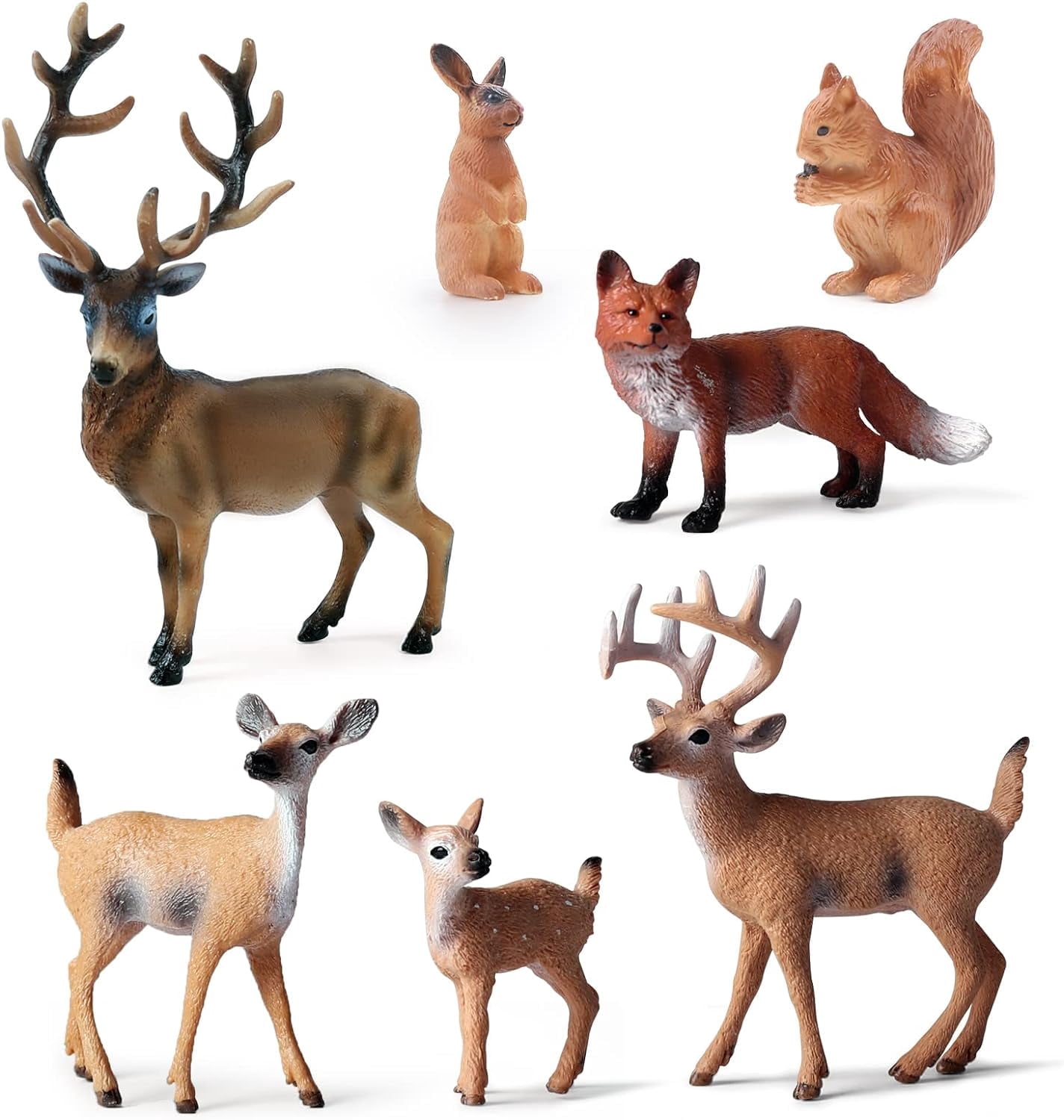 7Pcs Forest Animals Figures Toys, Miniature Woodland Figurines with Deer Family, Elk, Fox, Rabbit, Squirrel for Kids Christmas Birthday Party Gift Cake Decorations Educational Project Diorama