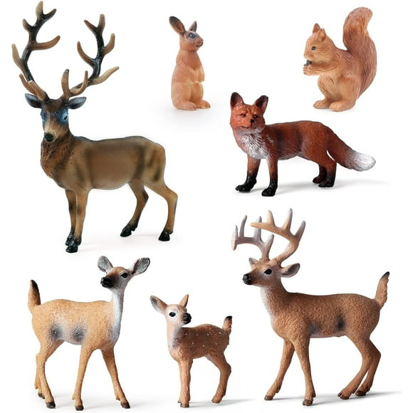 7Pcs Forest Animals Figures Toys, Woodland Animals Figurines, Miniature Animals Toys with Deer Family, Elk, Fox, Rabbit, Squirrel for Woodland Theme Cake Cupcake Toppers Christmas Party Dcor