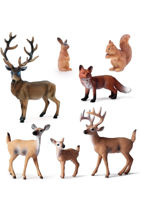 7Pcs Forest Animals Figures Toys, Woodland Animals Figurines, Miniature Animals Toys with Deer Family, Elk, Fox, Rabbit, Squirrel for Woodland Theme Cake Cupcake Toppers Christmas Party Dcor