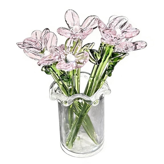 7Pcs Glass Mini Flower Bouquet with Vase, Hand Blown Glass Calla Lily Tulip Arrangement Tabletop Decor Pot