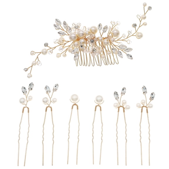 Miallo 7 Pcs Gold Bridal Hair Comb Set, Pearl Rhinestone Wedding Hair Accessories for Women, Hair Side Comb & U-Shaped Pins Kit for Bridesmaids