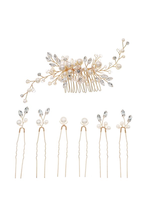7 Pcs Gold Bridal Hair Comb Set, Pearl Rhinestone Wedding Hair Accessories for Women, Hair Side Comb & U-Shaped Pins Kit for Bridesmaids