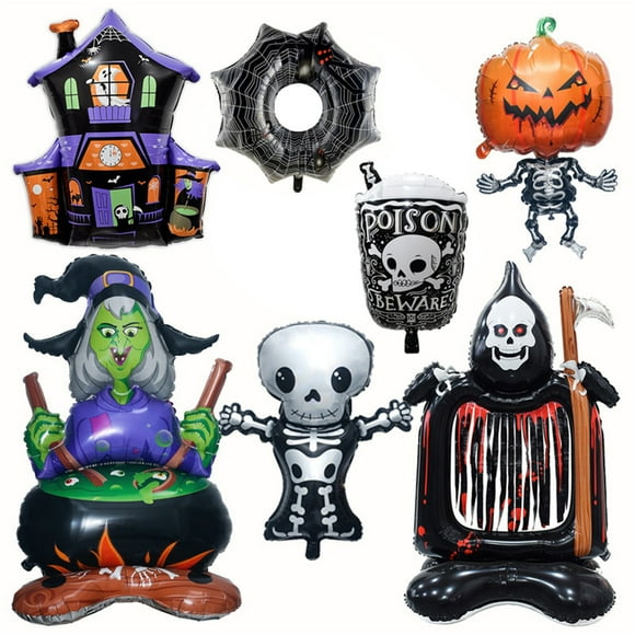 7Pcs Halloween Foil Balloons Decoration - Large Size Premium Pumpkin Spider Black Cat Ghost Bat Monster Mylar Balloon, for Halloween Hanging Decoration Party