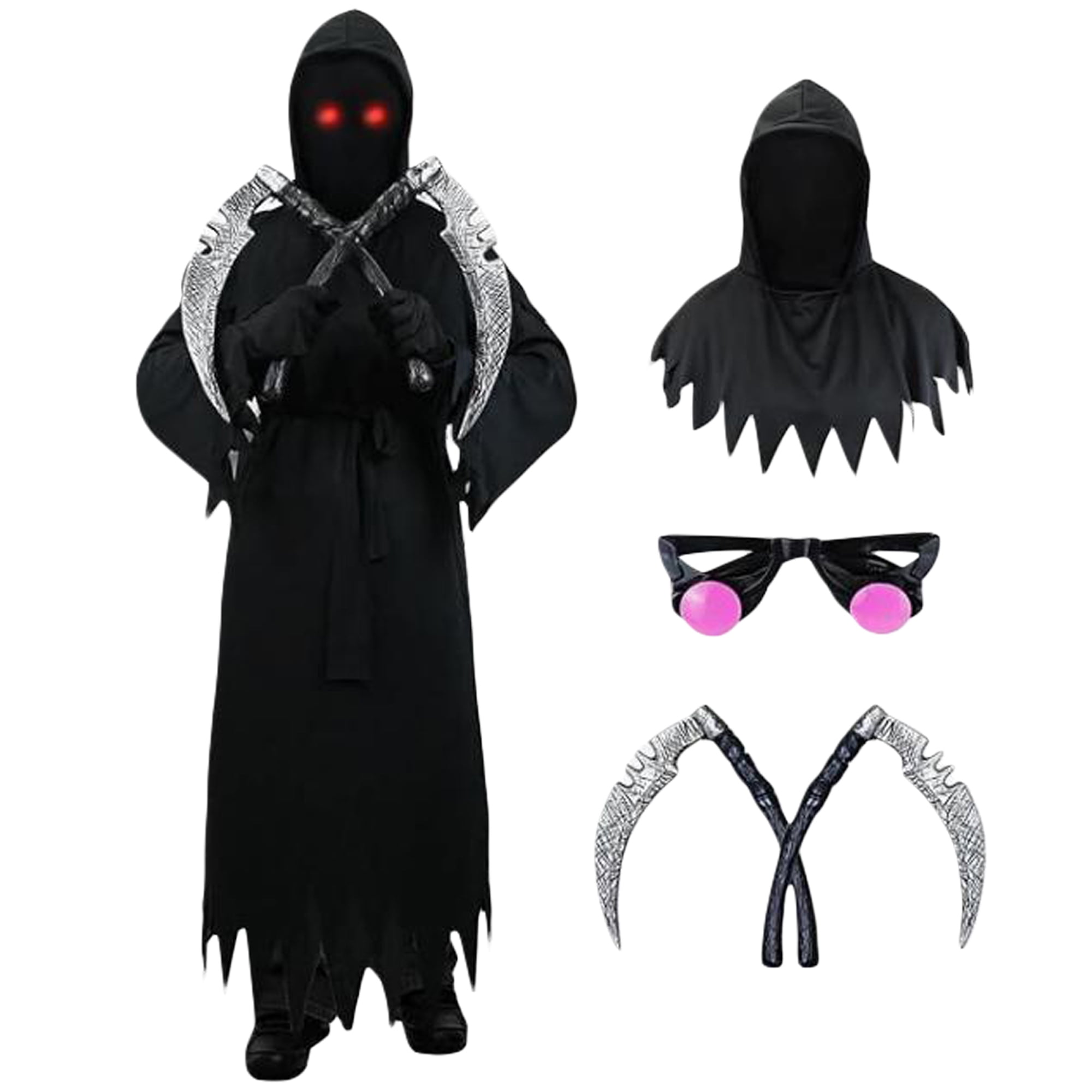 7Pcs Halloween Grim Reaper Costumes Set Robe Pullover Hood Scythe Red