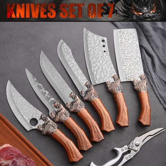 7Pcs Hand Forged Kitchen Knife Set, Stainless Steel Professional Chef Knives, Includes Chef, Boning, Butcher, Fish Knife & Ultra Sharp Scissors, Multipurpose for Home & Restaurant