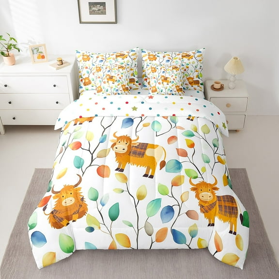 7Pcs Highland Cow Bedding Comforter Sets for Kids Boys Girls Boho Floral Bed in a Bag, Colorful Leaves Twin Bedding Sets Abstract Watercolor Plant Comforter Set, Farm Animal Bedding Sets & Collections