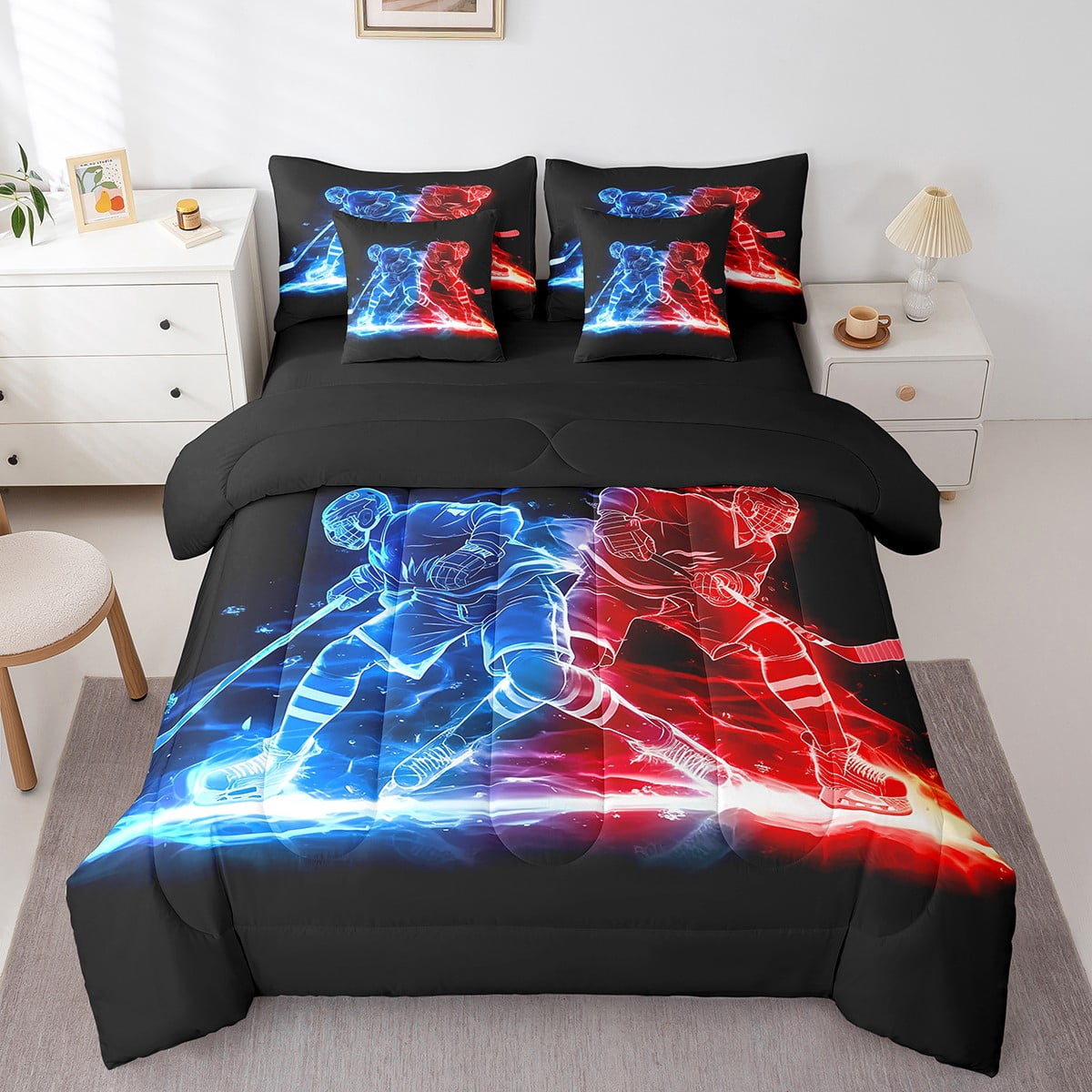 Jejeloiu Kids Ice Hockey Comforter Set | Toddler Sports Theme Bedding - Grey Quilt & Pillowcase
