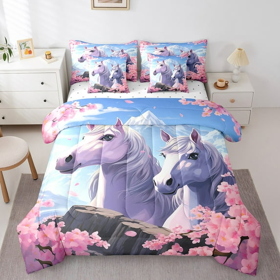 7Pcs Horse Comforter Set With Sheets Galloping Horse Comforter Full,White Horse Cherry Blossom Comforter Set Bed In A Bag(1 Comforter,1 Flat Sheet 1 Fitted Sheet 2 Pillowcases 2 Throw Pillow Covers)