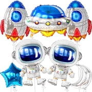 7Pcs Huge Space Birthday Decorations Set Rocket Balloons Astronaut Balloons Blue Star Silver Moon for Outer Space Themed Party Foil Balloons Decor Astronaut Birthday Galaxy Party Decor