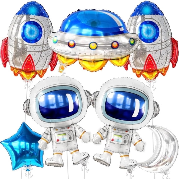 7Pcs Huge Space Birthday Decorations Set Rocket Balloons Astronaut Balloons Blue Star Silver Moon for Outer Space Themed Party Foil Balloons Decor Astronaut Birthday Galaxy Party Decor