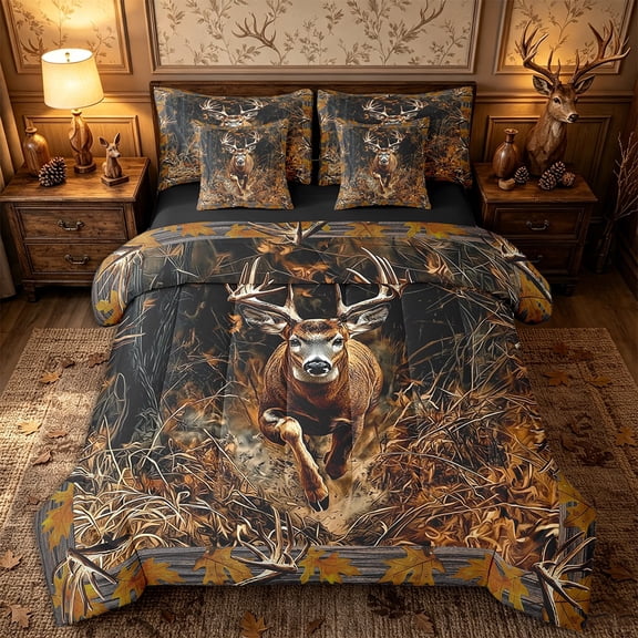 Erosebridal 7Pcs Hunting Deer Brown King Comforter Sets,Jungle Animal Bedroom Bedding Sets With 2 Pillowcases and 2 Throw Pillow Covers,Brown Branches Bedding Sets With Flat Sheet and Fitted Sheet