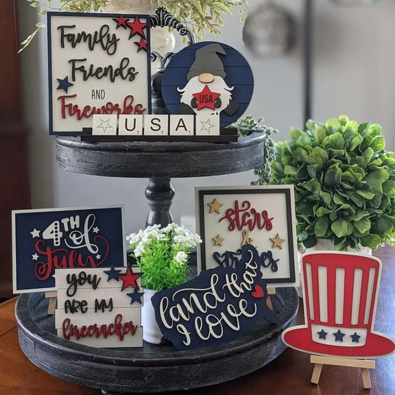 7Pcs Independence Day Tiered Tray Decor,Gnome Red White Blue Wood Sign Ornaments for Memorial Day July 4 Decoration kits