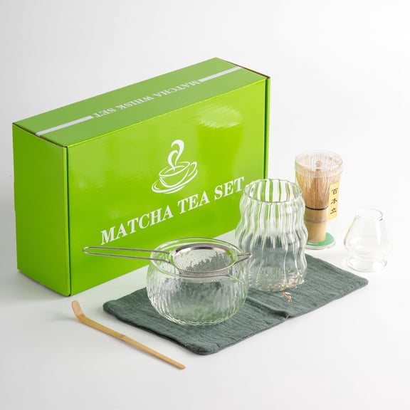 7Pcs Japanese Matcha Tea Set, Matcha Kit with Matcha Bowl (with Pouring Spout), Matcha Whisk, Whisk Holder, Strainer - Elegant Matcha Set for Gifting, Gift Box Packaging glass