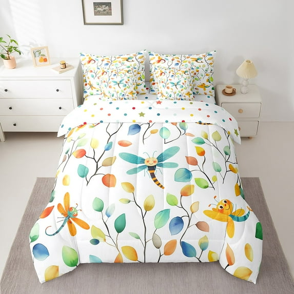 7Pcs Kawaii Dragonfly Bedding Comforter Sets Chic Elegant Floral Bed in a Bag, Cartoon Animal Full Bedding Sets Watercolor Leaves Comforter Set, Tropical Plant Bedding Sets