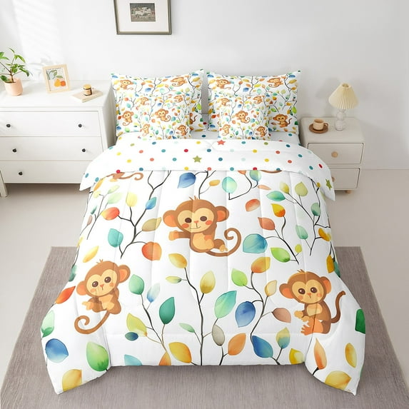 7Pcs Kawaii Monkey Bedding Comforter Sets Chic Elegant Floral Bed in a Bag, Woodland Animal Full Bedding Sets Watercolor Leaves Comforter Set, Tropical Plant Bedding Sets & Collections