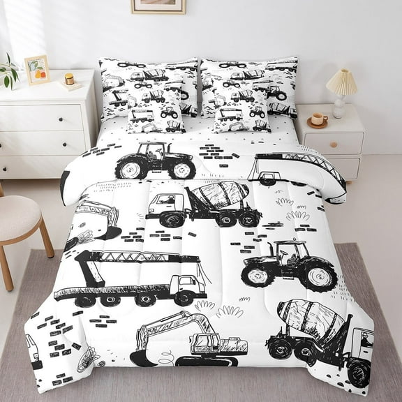 7Pcs Cartoon Excavator Bedding Sets,Kawaii Tractor Equipment Comforter Set,Construction Vehicle Bed In A Bag Twin,Truck Equipment Quilt Set,Grey and White Sketch Pillow Covers