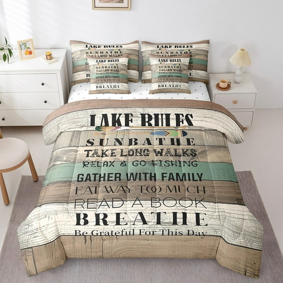 7Pcs Comforter Set Full Size, Lake Rules Bed in a Bag with Flat Sheet and Fitted Sheet and , Retro Vintage Wooden Plank Bedding Set with Pillowcases & Throw Pillow Covers