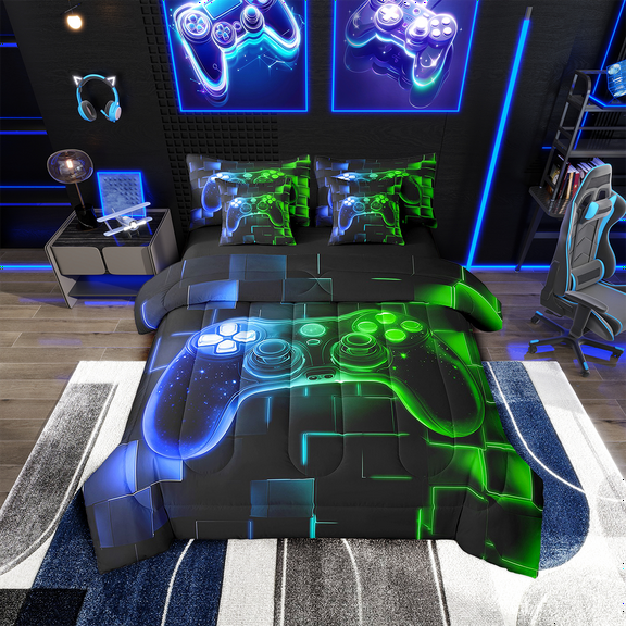 Erosebridal 7Pcs Gaming Blue Green Full Comforter Set For Boys,Gamer Bedding Comforter Set,Video Games Gamepad Bed In A Bag,Neon Glowing Square Grid Blue And Green Full Size Bed Sets