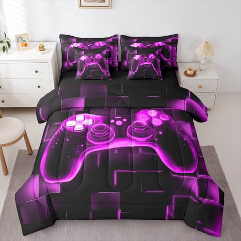 Erosebridal Boys 7Pcs Gamer Comforter Set Full,Gaming Bedding Comforter Set,Video Games Gamepad Bed In A Bag Neon Glowing Square Geometric Grid Purple Bed Sets With Comforter And Sheets