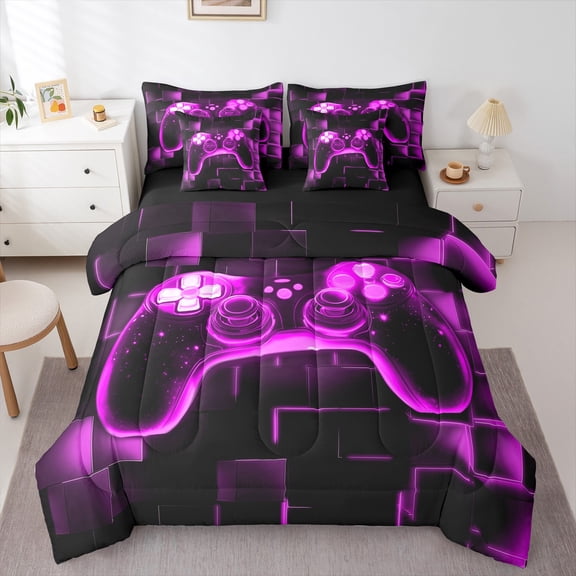 Erosebridal Boys 7Pcs Gamer Comforter Set Full,Gaming Bedding Comforter Set,Video Games Gamepad Bed In A Bag Neon Glowing Square Geometric Grid Purple Bed Sets With Comforter And Sheets