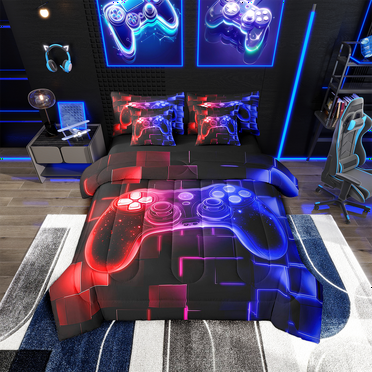 Erosebridal 7Pcs Gamer Comforter Set King,Gaming Bedding Comforter Set,Video Games Gamepad Bed In A Bag Neon Glowing Square Geometric Grid Red Blue Bed Sets With Comforter And Sheets