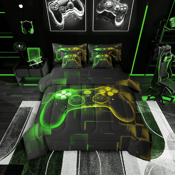Erosebridal 7Pcs Gamer Comforter Set Twin,Gaming Bedding Comforter Set,Video Games Gamepad Bed In A Bag Neon Glowing Square Geometric Grid Yellow Green Bed Sets With Comforter And Sheets
