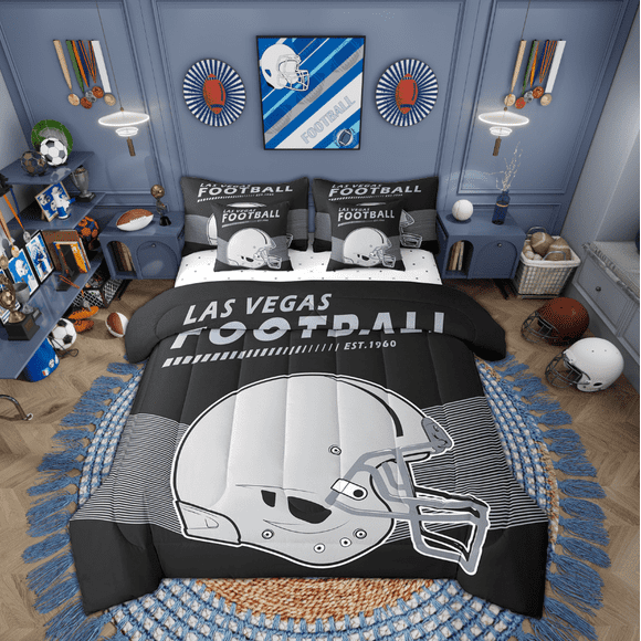 7Pcs King Size American Football Comforter Set with Flat Sheet & Fitted Sheet American Football City Comforter Sets Bed in a Bag with 2 Pillowcases & 2 Throw Pillow Covers, Las Vegas