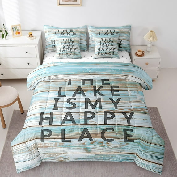 7Pcs Lake House Comforter Set Twin Size, Lake Theme Bed in a Bag with Flat Sheet and Fitted Sheet and Adults, Vintage Old Barn Door Bedding Set with Pillowcases & Throw Pillow Covers