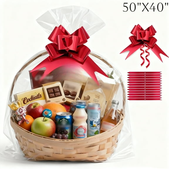 7Pcs Large Cellophane Bags, 50 x 40inch Clear Cellophane Wrap for Gift Baskets with 12Pcs Red Pull Bows