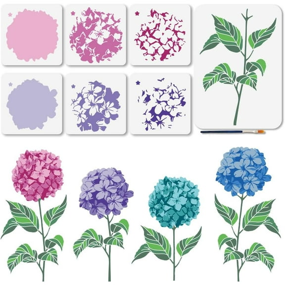 7Pcs Layered Hydrangea Stencils 5.95.9/11.78.3inch Summer Flower Leaves Painting Stencil Reusable Plant Template DIY Craft