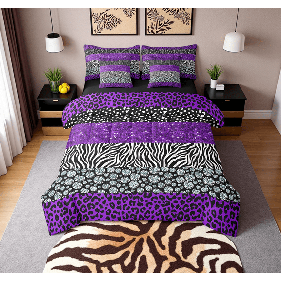7Pcs Leopard Print Comforter Set Queen Size,Rustic Cheetah Zebra Texture Patchwork Comforter + Flat Sheet + Fitted Sheet + 2 Pillowcases + 2 Throw Pillow Covers, Purple Chic