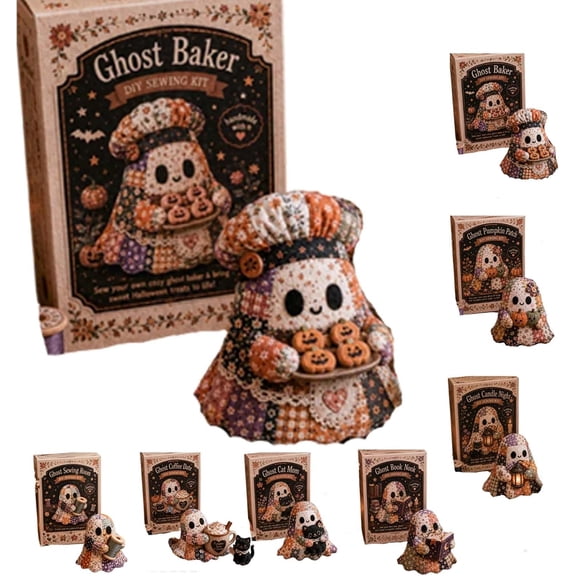7Pcs Little Ghost's Cozy Halloween DIY Patchwork Kit, Cute Ghost Plush Sewing Craft Kit with Pre-Cut Fabric, Stuffing & Accessories, Handmade Halloween Decor Project for Adults, Beginners