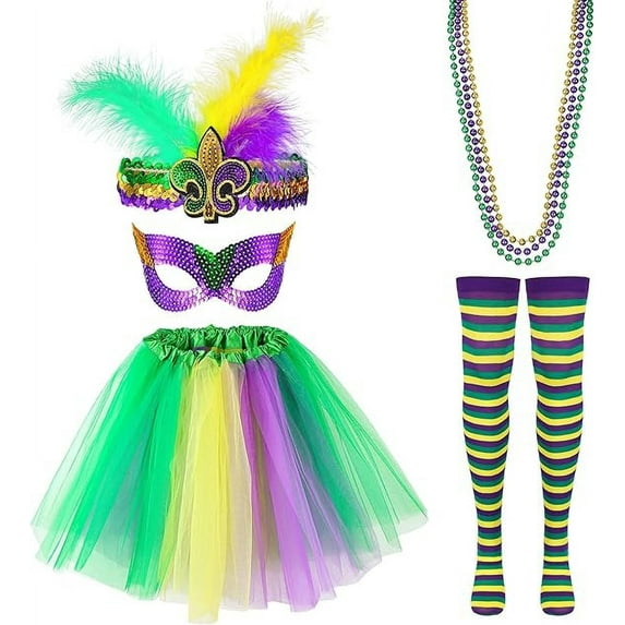7PCS Mardi Gras Costume Accessory Set for Women, Tutu Skirts Mardi Gras Beads Carnival Headdress Mask Long Socks