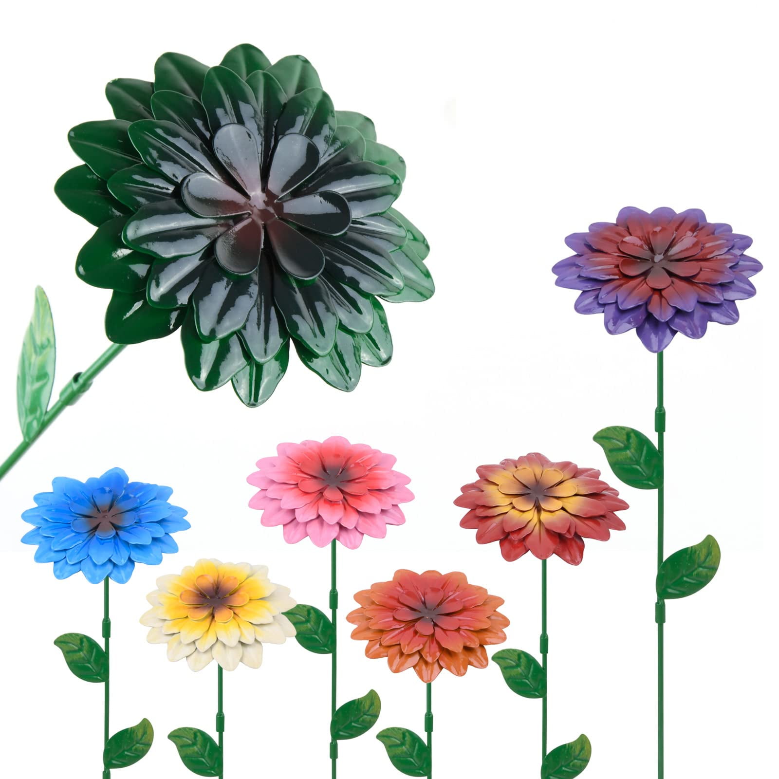 7Pcs Metal Flower Garden DHF10 Stakes,14 Inch Metal Flowers Outdoor