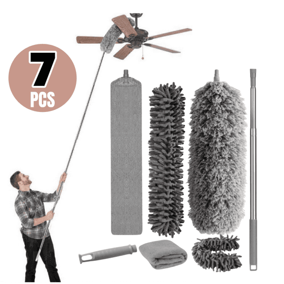 7Pcs Microfiber Duster Kit,Jademall Dusters for Cleaning,Reusable Bendable Washable Cobweb Duster with 280cm Extra Long Extension Pole Cleaning Fan, High Ceiling, Blinds, Furniture, Cars