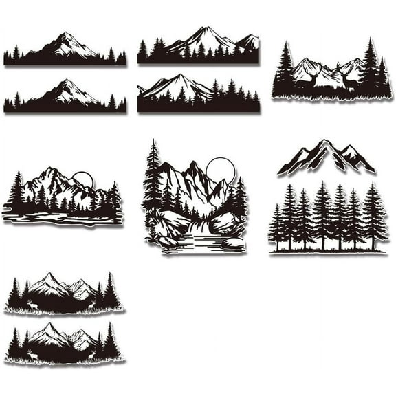 7Pcs Mountain Tree Forest Graic Decals Mountains Silhouette Outdoors Waterproof Car Window Silhouette Vinyl Car Decal Stickers for Windows Cars Trucks Tool Boxes Laptop Water Bottle