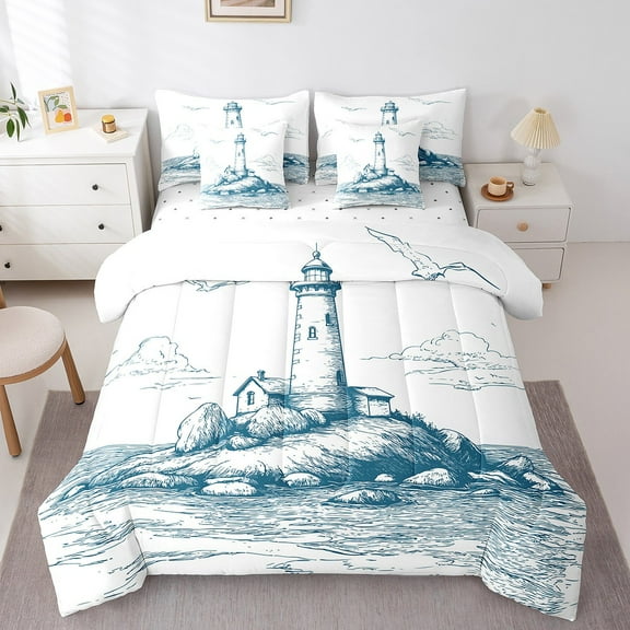 7Pcs Nautical Lighthouse Bedding Sets,Ocean Coastal Comforter Set,Vintage House Stones Landscape Bed In A Bag King,Classical Sketch Painting Quilt Set,Navigation Adventure Pillow Covers