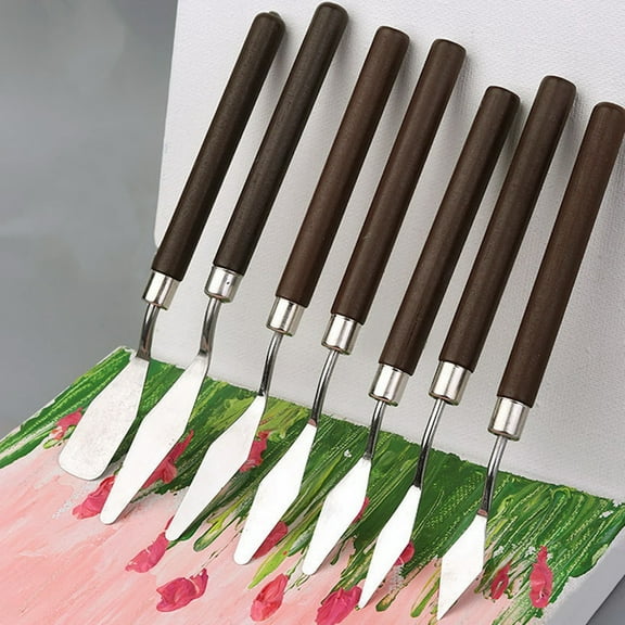 7Pcs Painting Spatula Kit with Wooden Handle Stainless Oil Painting Art Palette Scraper Painting Accessories