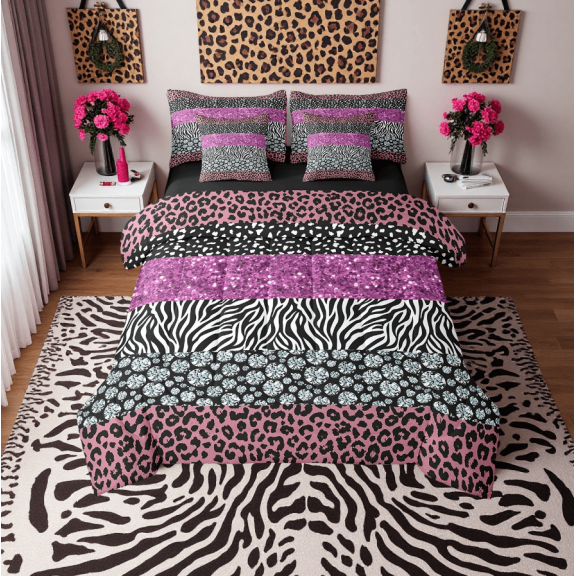 7Pcs Pink Cheetah Print Comforter Set Glitter Diamond Bedding Queen Size Leopard Print Duvet Set, Watercolor Animal Print Bedding Sets With Sheets (No Glitter No Sequin)