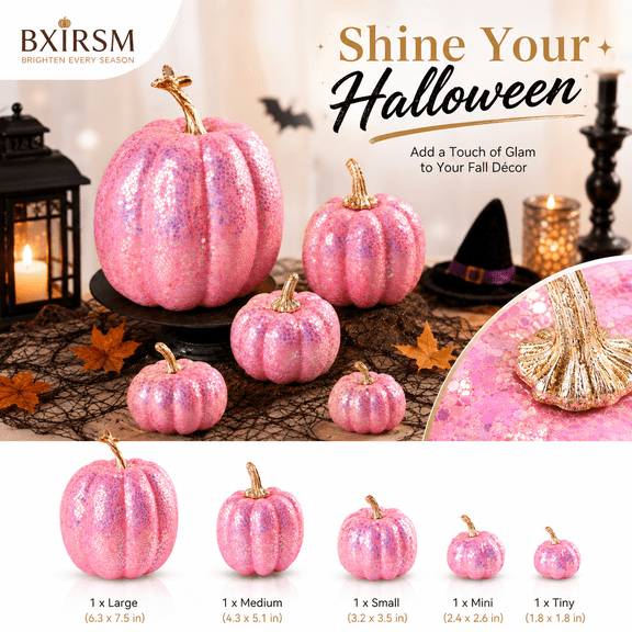 7Pcs Pink Glitter Pumpkin Decor Set Artificial Sparkly Pumpkins for Halloween Thanksgiving Fall Harvest Table Centerpiece Mantel Shelf Home Party Decor