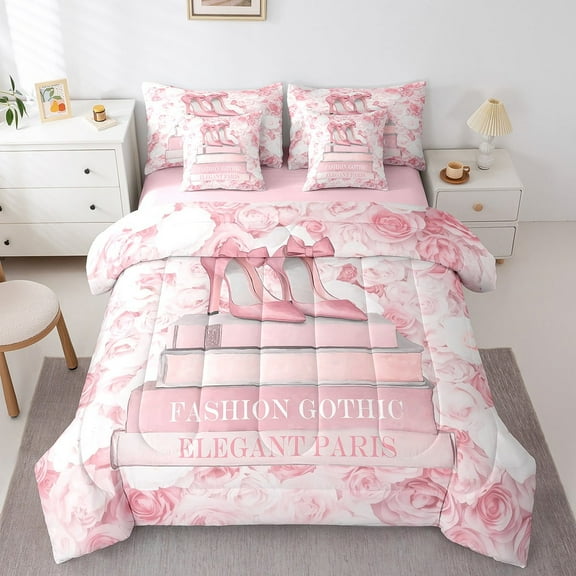 7Pcs Pink High Heels Comforter Set, Romantic Heels Bedding Sets Queen For Lady Women Aesthetic Glam Books And Rose Comforter + Flat Sheet + Fitted Sheet + 2 Pillowcases + 2 Throw Pillow Covers
