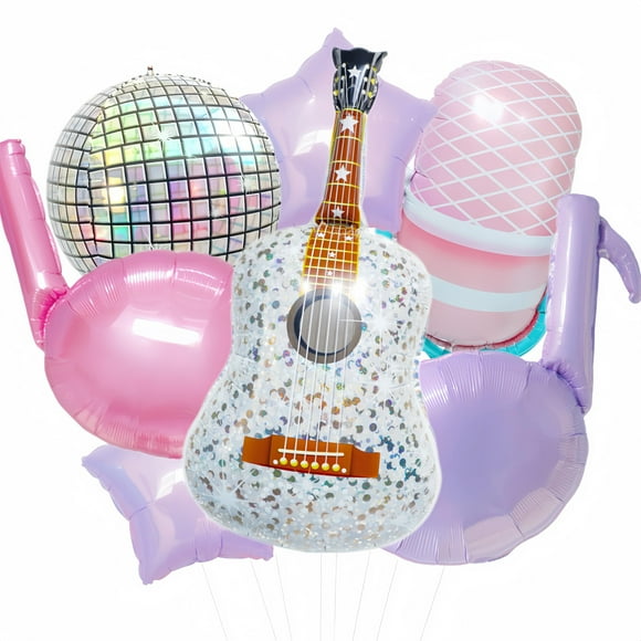 7Pcs Pink Purple Music Note Balloons AFN1for Singer Party Decoration/Tayl Singer Birthday Party Decor/Concert Guitar Microphone Balloon/Iridescent Disco Ball Foil Balloons/Popular Singer Supplies