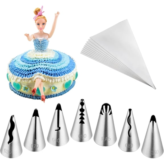 7Pcs Pleated Skirt Piping Tips Set,Stainless Steel Ruffle Piping Nozzles Icing Tips Set with 10Pcs Disposable Piping Bags For Pastry Cupcakes,Cakes Cookies Decorating