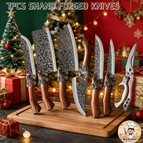 7Pcs Professional Kitchen Chef Knife Set, High Hardness Steel Sharp Durable Knives & Chicken Deboning Scissors, Complete Set for Meat, Vegetable, Fruit & Home Cooking