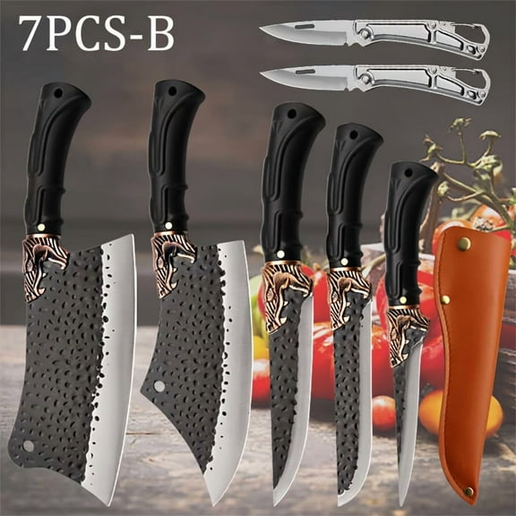 7Pcs Professional Kitchen Chef Knife Set, Stainless Steel Handmade Forged Knives, Ultra-Sharp Chef Utility Boning Cutting Fish Butcher Knives with Kitchen Scissors, for Home Restaurant Cooking