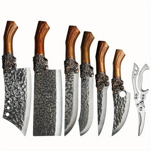 7Pcs Professional Kitchen Chef Knife Set, Stainless Steel Handmade Forged Knives, Ultra-Sharp Chef Utility Boning Cutting Fish Butcher Knives with Kitchen Scissors, for Home Restaurant Cooking