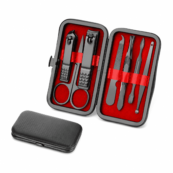 Manicure Set 7 Piece Stainless Steel Black Travel Case Professional Grooming Kit Men Women Home